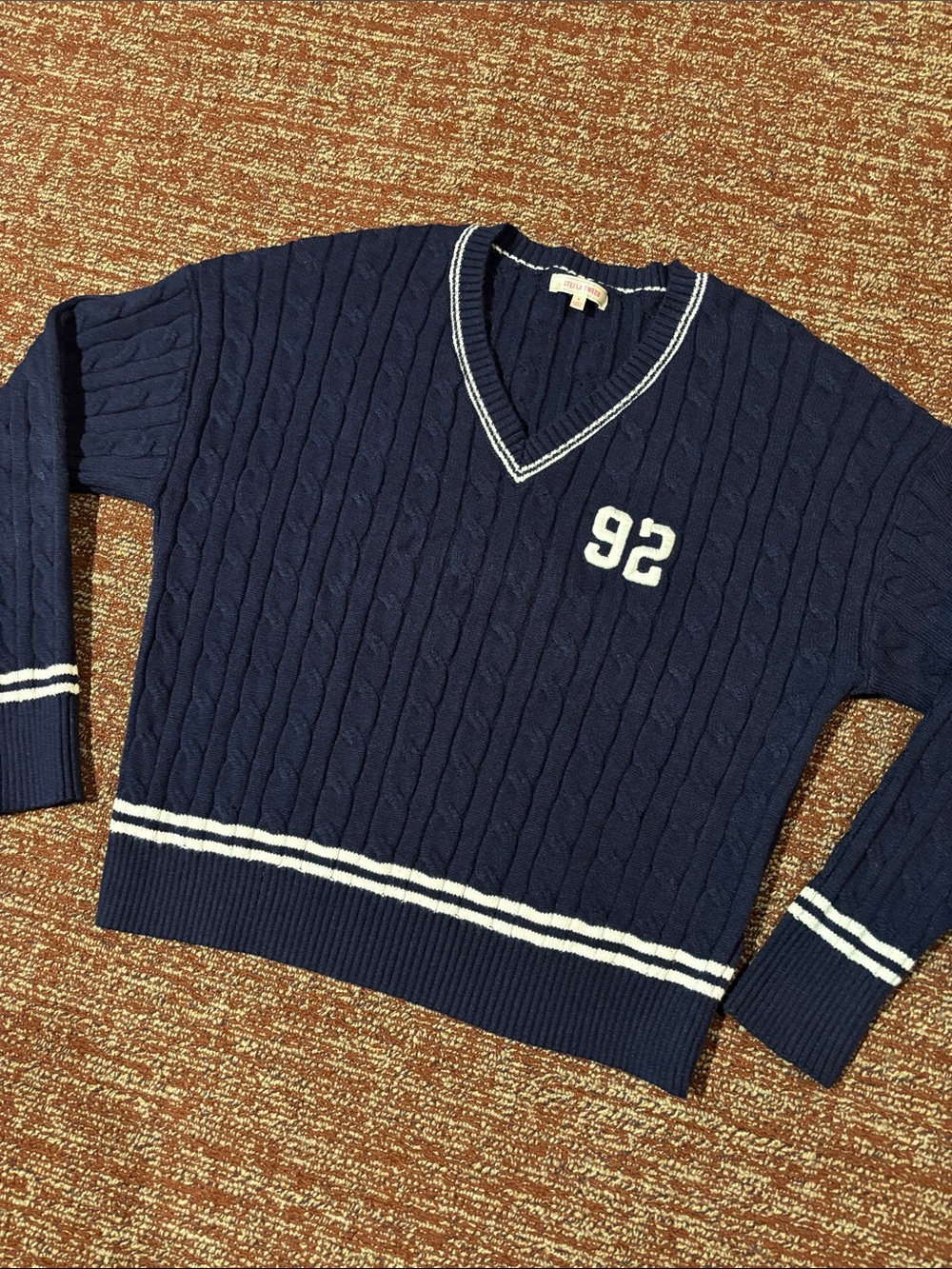 Stella Tweed sweater navy blue v neck preppy cable knit varsity sweater Medium